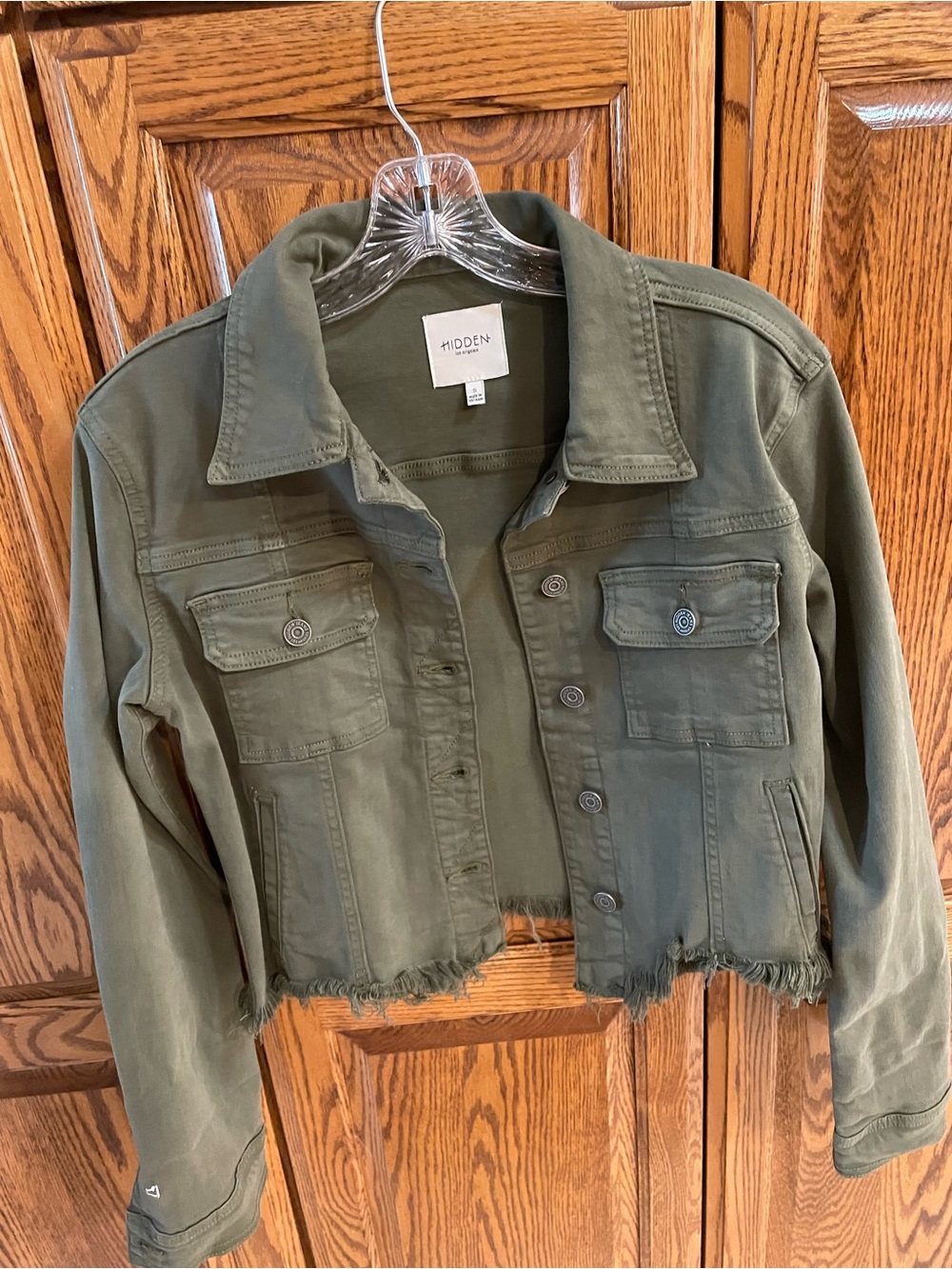 Hidden Olive Green Cropped Jean Jacket